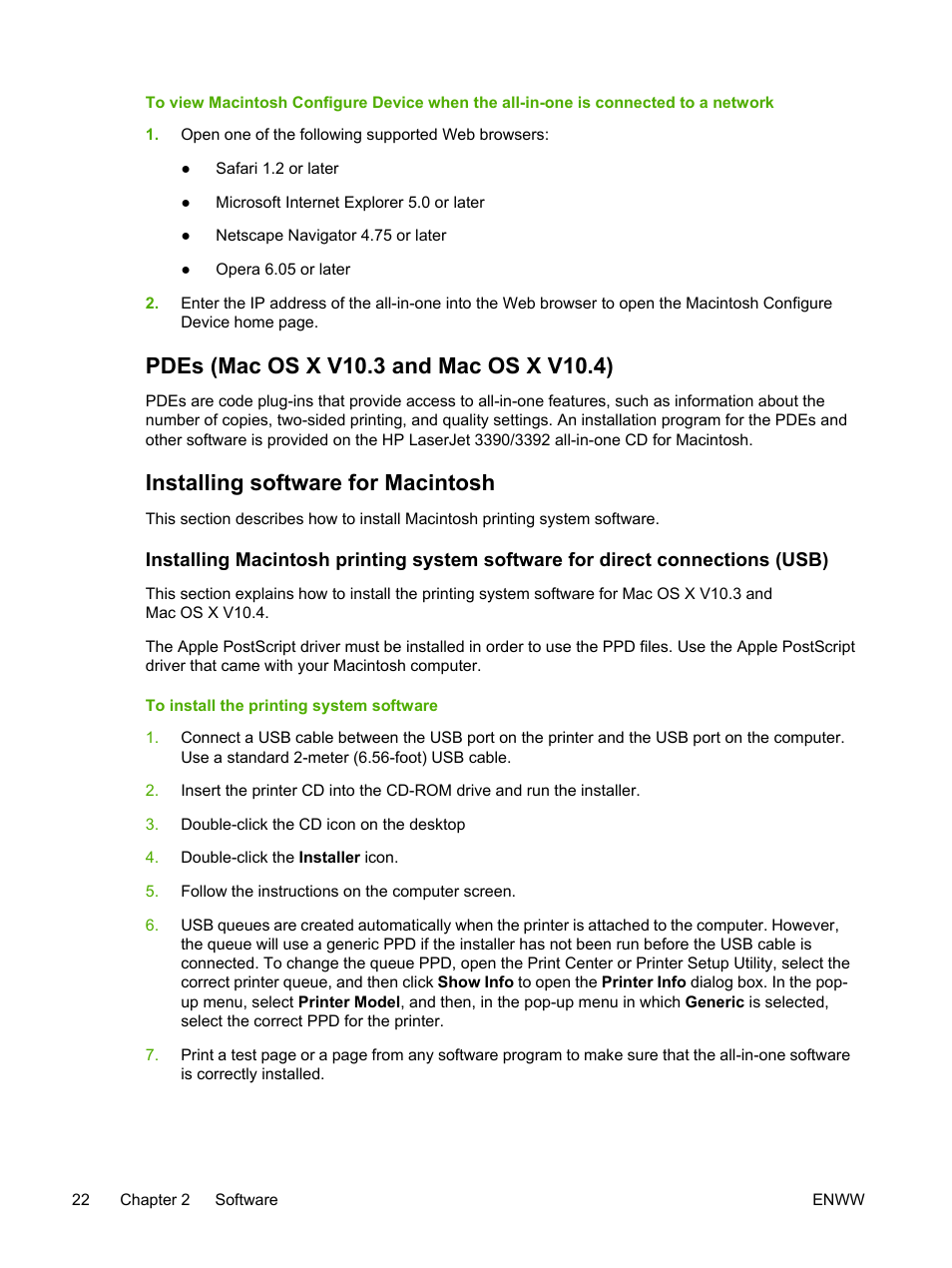 Pdes (mac os x v10.3 and mac os x v10.4), Installing software for macintosh | HP LaserJet 3055 User Manual | Page 40 / 430