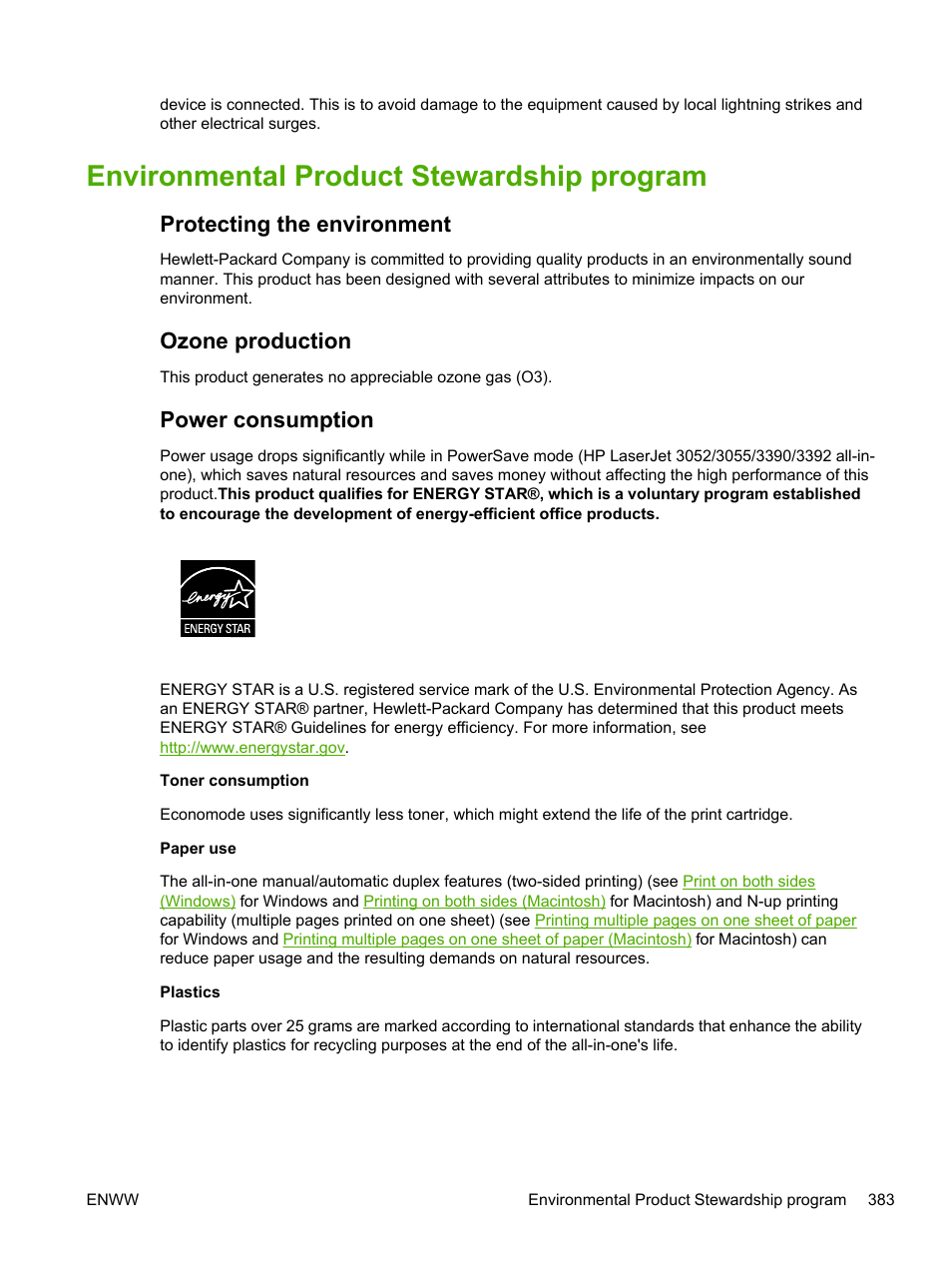 Environmental product stewardship program, Protecting the environment, Ozone production | Power consumption | HP LaserJet 3055 User Manual | Page 401 / 430