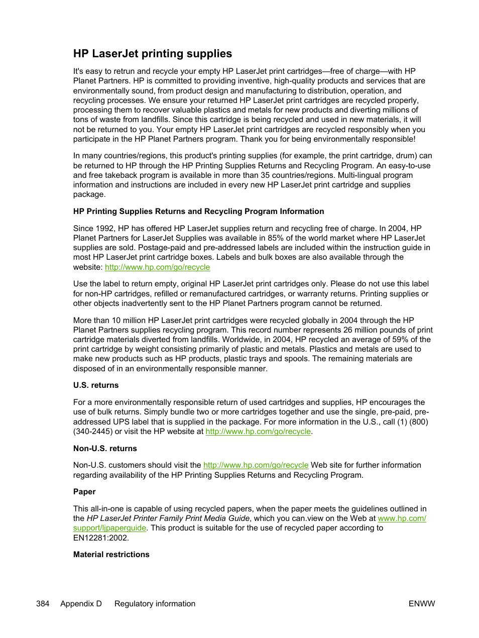 Hp laserjet printing supplies, With each new hp supply item. see | HP LaserJet 3055 User Manual | Page 402 / 430