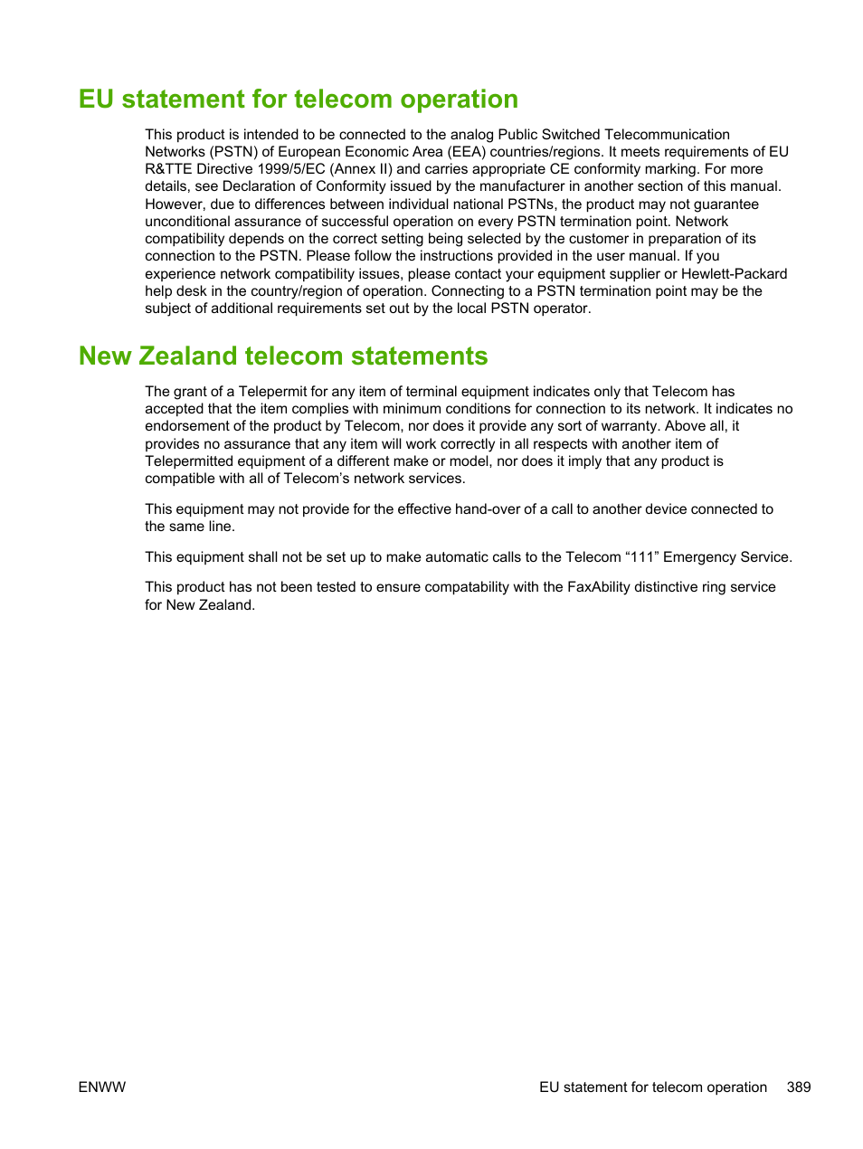 Eu statement for telecom operation, New zealand telecom statements | HP LaserJet 3055 User Manual | Page 407 / 430