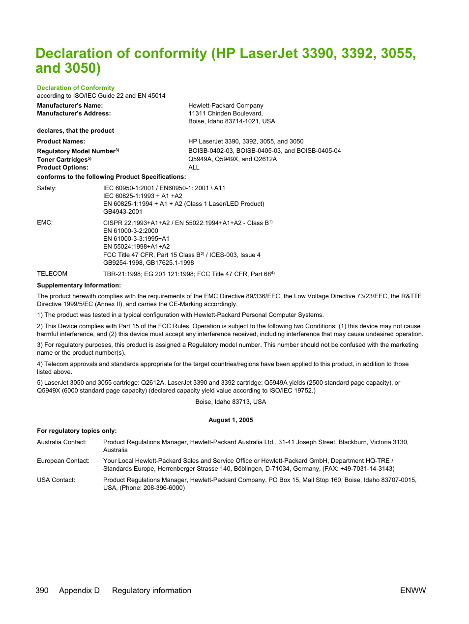 390 appendix d regulatory information enww | HP LaserJet 3055 User Manual | Page 408 / 430