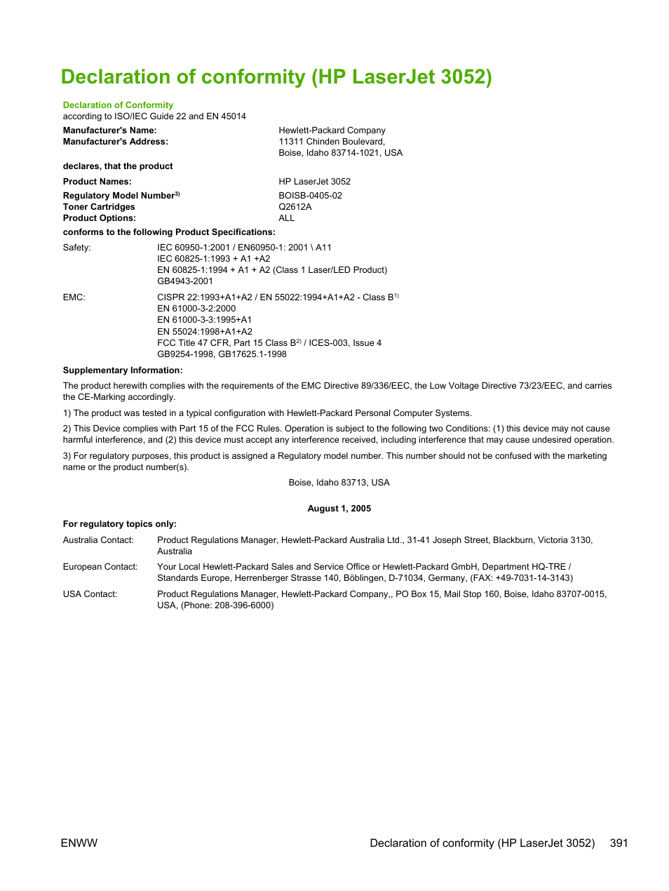 Declaration of conformity (hp laserjet 3052) | HP LaserJet 3055 User Manual | Page 409 / 430