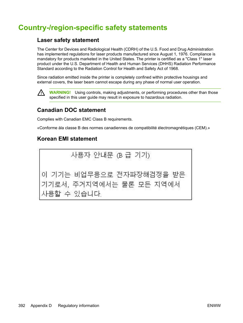 Country-/region-specific safety statements, Laser safety statement, Canadian doc statement | Korean emi statement | HP LaserJet 3055 User Manual | Page 410 / 430