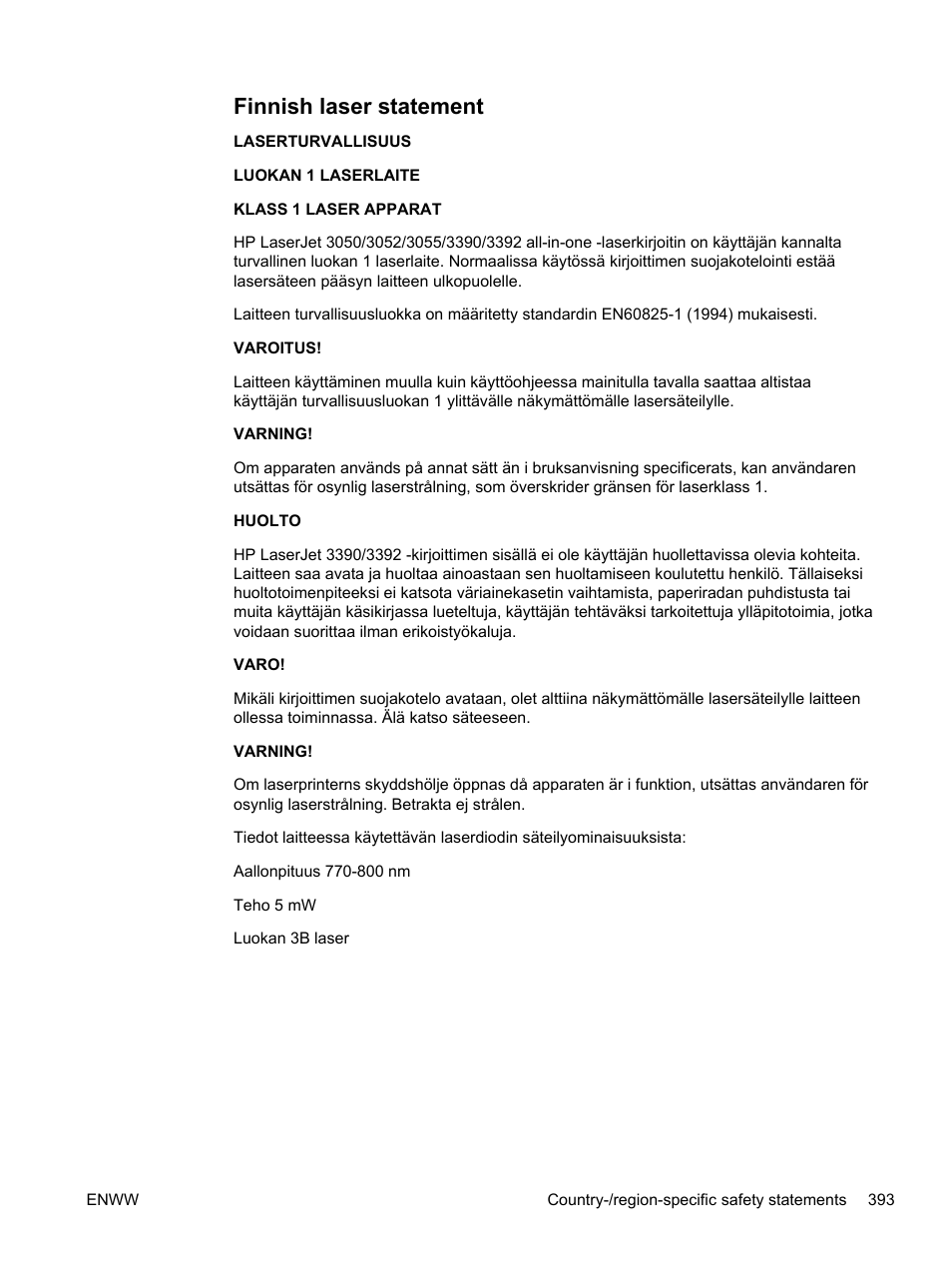 Finnish laser statement | HP LaserJet 3055 User Manual | Page 411 / 430