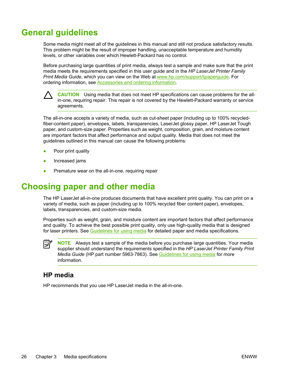 General guidelines, Choosing paper and other media, Hp media | General guidelines choosing paper and other media | HP LaserJet 3055 User Manual | Page 44 / 430