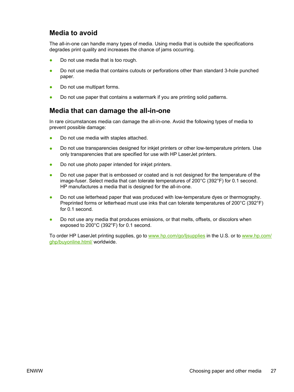 Media to avoid, Media that can damage the all-in-one | HP LaserJet 3055 User Manual | Page 45 / 430