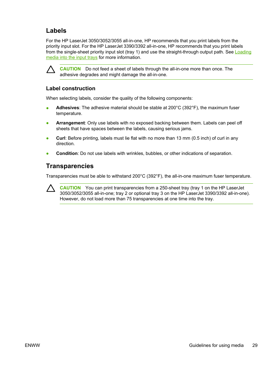 Labels, Label construction, Transparencies | HP LaserJet 3055 User Manual | Page 47 / 430