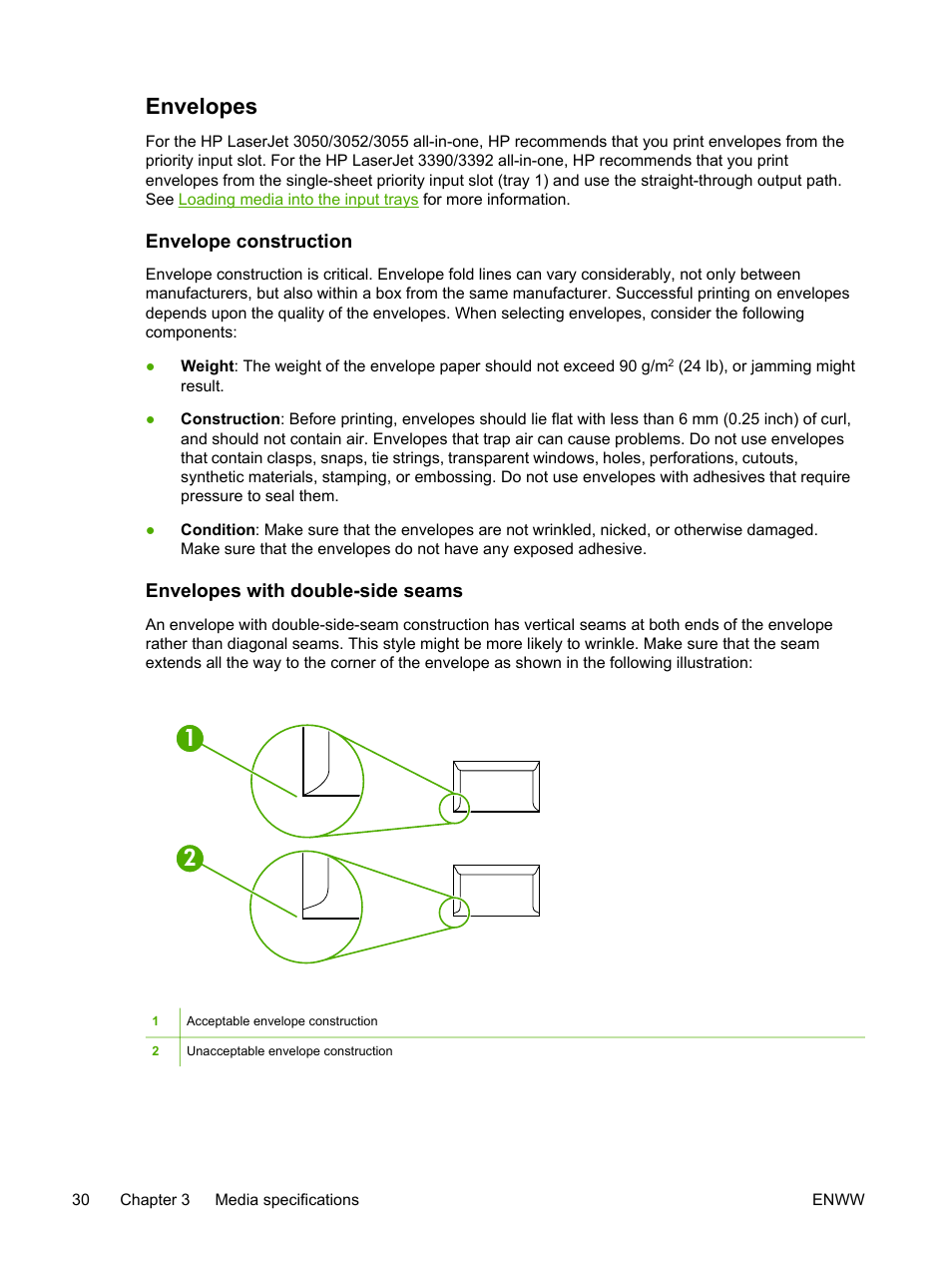 Envelopes, Envelope construction, Envelopes with double-side seams | HP LaserJet 3055 User Manual | Page 48 / 430