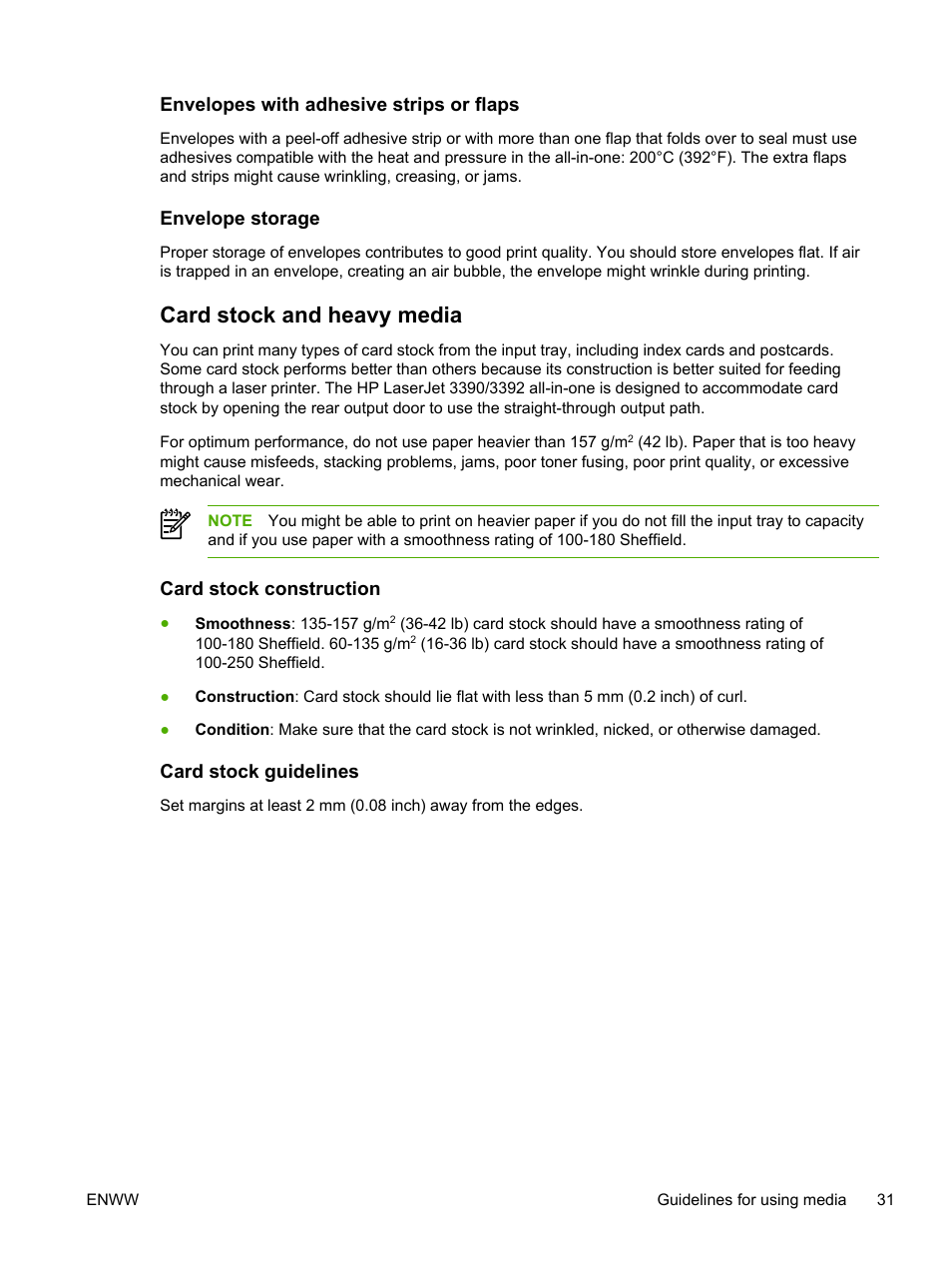 Envelopes with adhesive strips or flaps, Envelope storage, Card stock and heavy media | Card stock construction, Card stock guidelines, Card stock construction card stock guidelines | HP LaserJet 3055 User Manual | Page 49 / 430