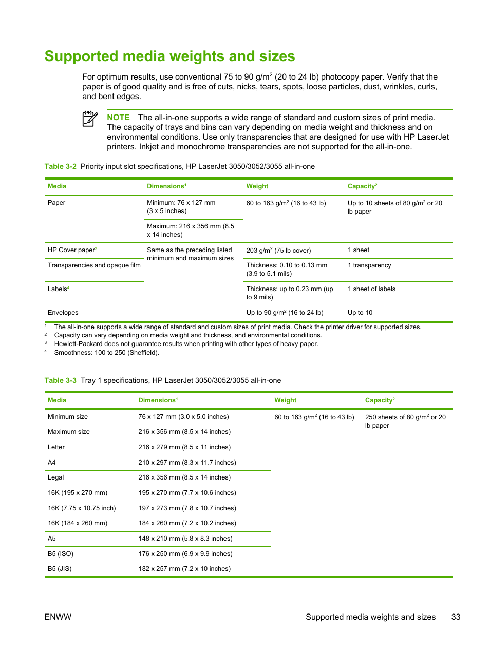 Supported media weights and sizes, For optimum results, use conventional 75 to 90 g/m, Enww supported media weights and sizes 33 | HP LaserJet 3055 User Manual | Page 51 / 430