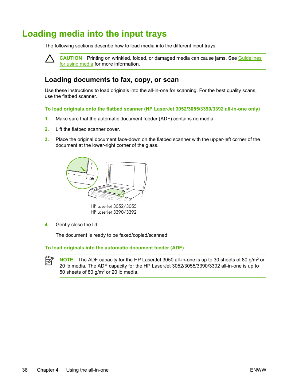 Loading media into the input trays, Loading documents to fax, copy, or scan, Loading | Media into the input trays | HP LaserJet 3055 User Manual | Page 56 / 430