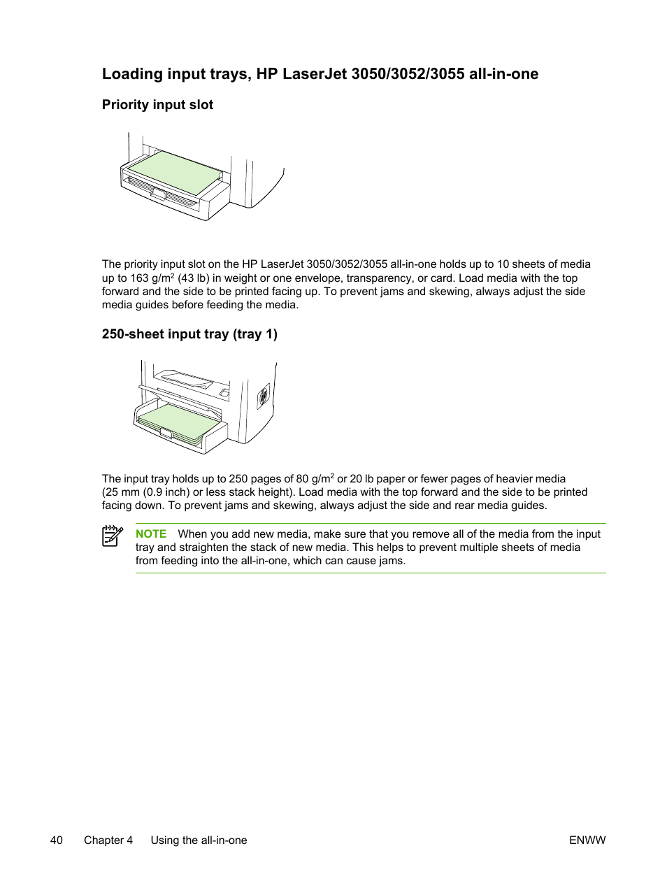 Priority input slot, Sheet input tray (tray 1), Priority input slot 250-sheet input tray (tray 1) | HP LaserJet 3055 User Manual | Page 58 / 430