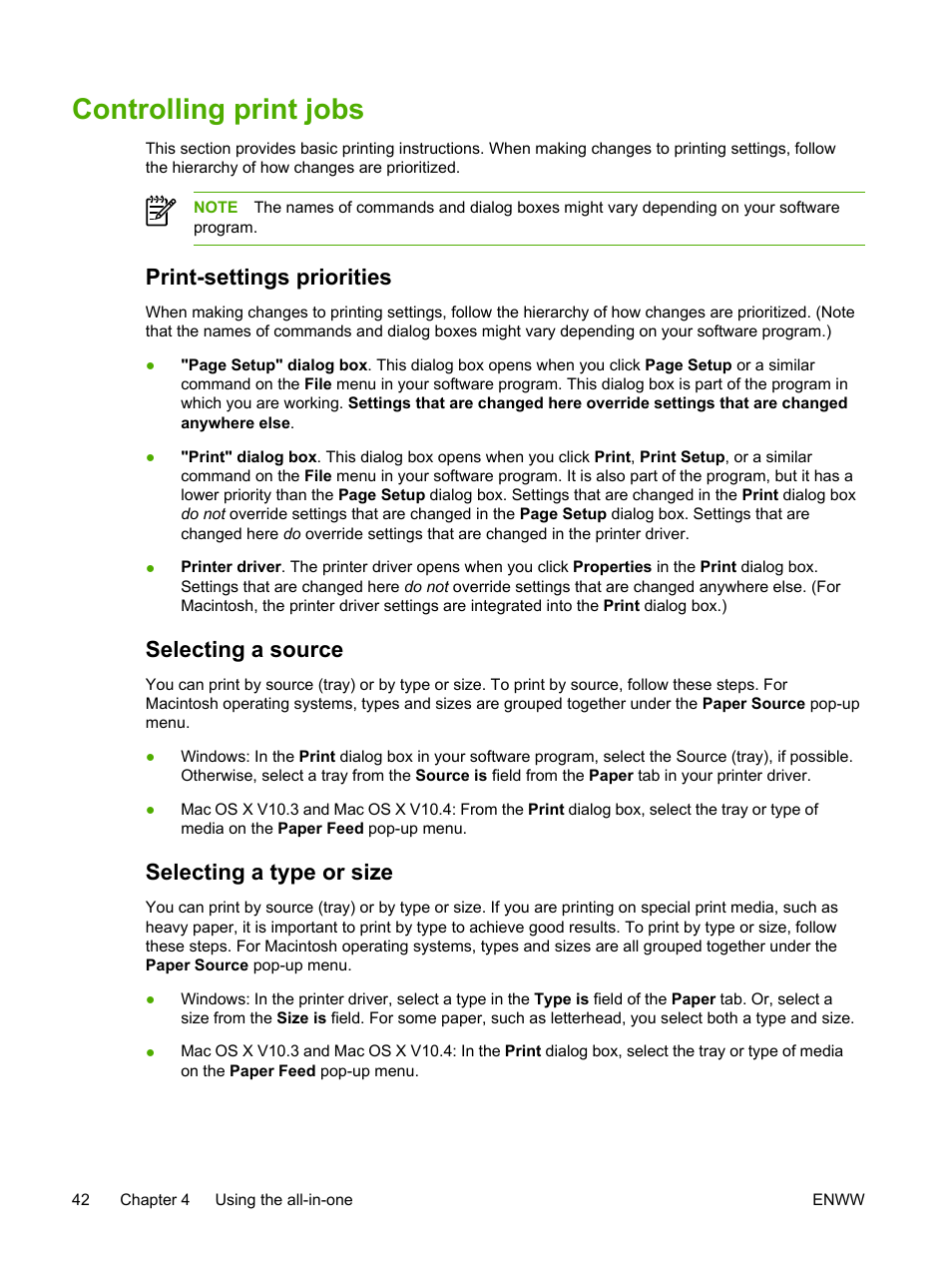 Controlling print jobs, Print-settings priorities, Selecting a source | Selecting a type or size | HP LaserJet 3055 User Manual | Page 60 / 430