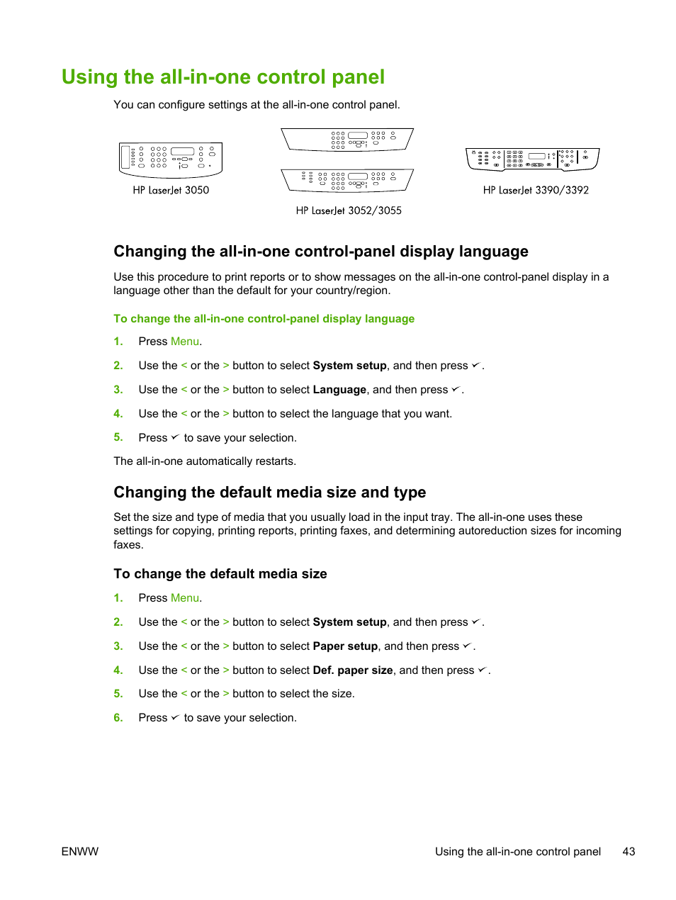 Using the all-in-one control panel, Changing the default media size and type, To change the default media size | HP LaserJet 3055 User Manual | Page 61 / 430