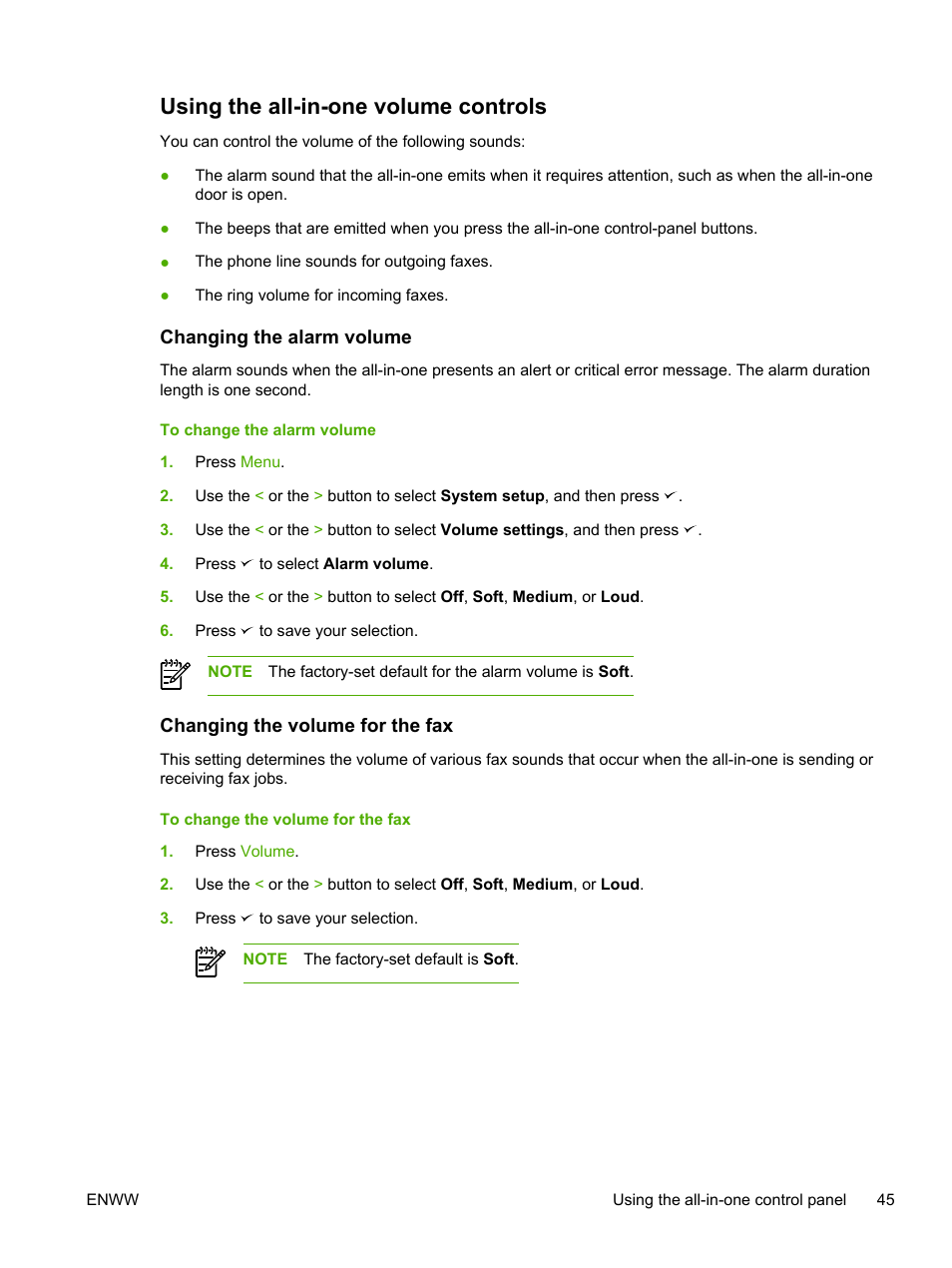 Using the all-in-one volume controls, Changing the alarm volume, Changing the volume for the fax | HP LaserJet 3055 User Manual | Page 63 / 430