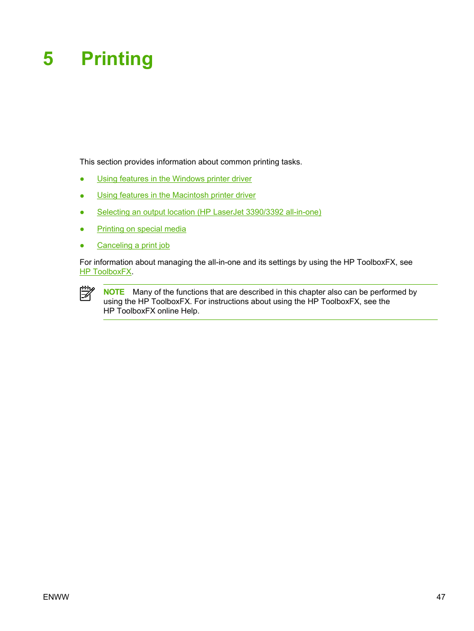 Printing, 5 printing, 5printing | HP LaserJet 3055 User Manual | Page 65 / 430