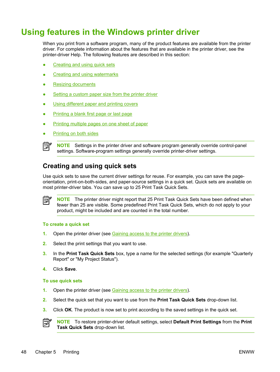 Using features in the windows printer driver, Creating and using quick sets | HP LaserJet 3055 User Manual | Page 66 / 430