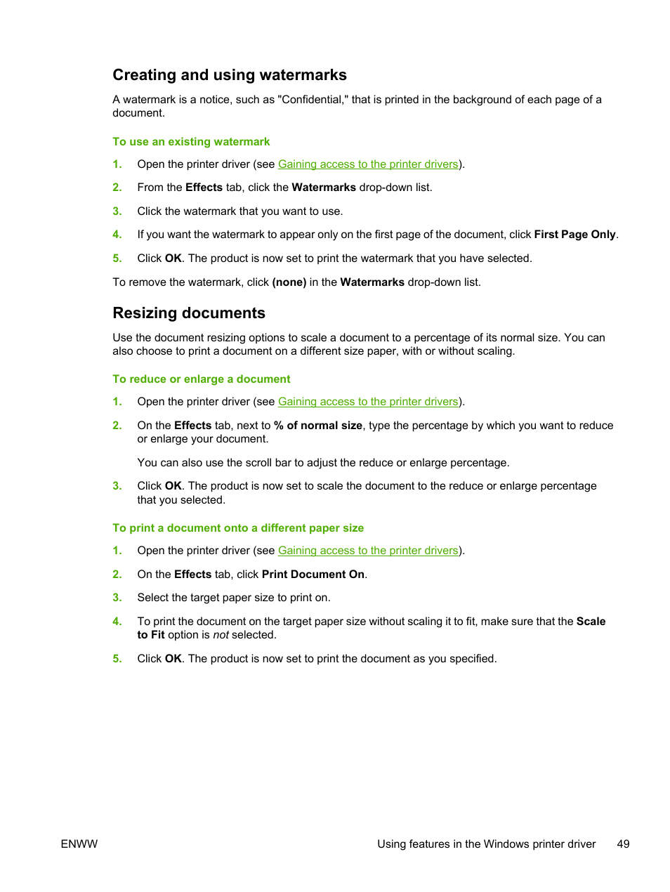 Creating and using watermarks, Resizing documents, Creating and using watermarks resizing documents | HP LaserJet 3055 User Manual | Page 67 / 430