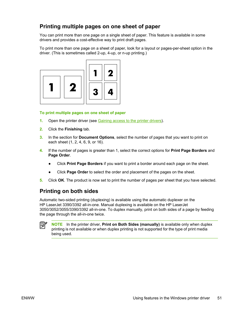 Printing on both sides, One sheet of paper, Printing multiple pages on one sheet of paper | HP LaserJet 3055 User Manual | Page 69 / 430