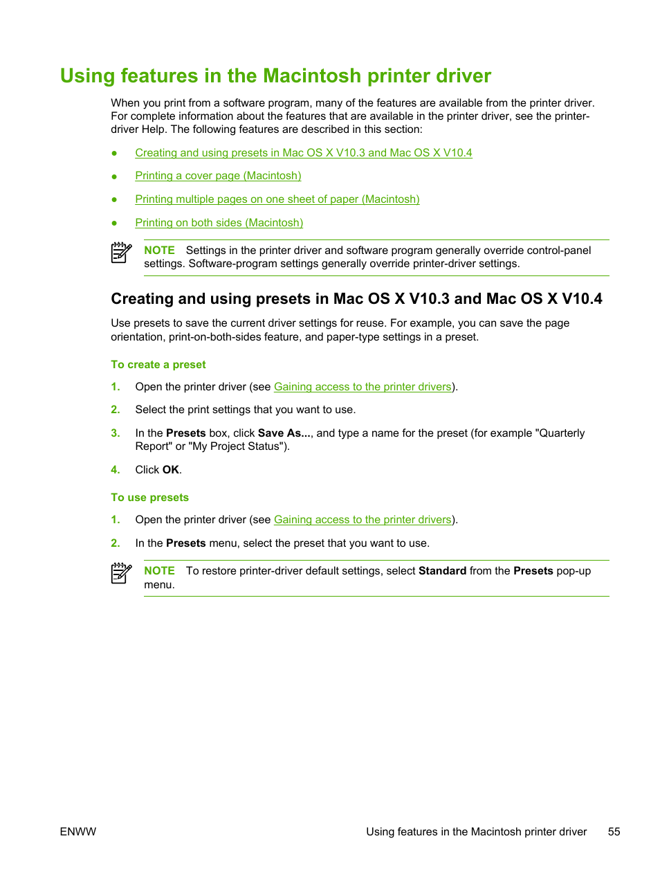 Using features in the macintosh printer driver | HP LaserJet 3055 User Manual | Page 73 / 430