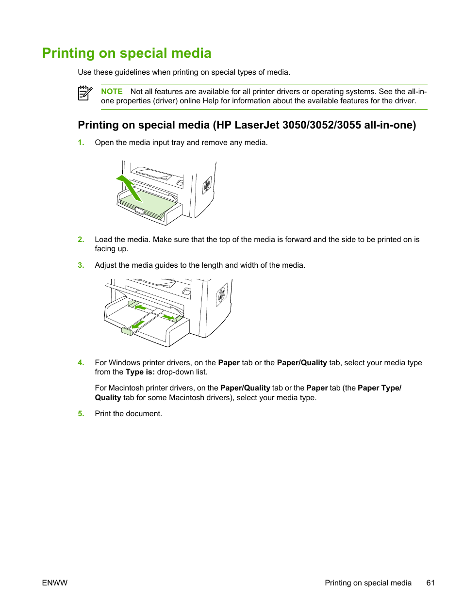 Printing on special media | HP LaserJet 3055 User Manual | Page 79 / 430