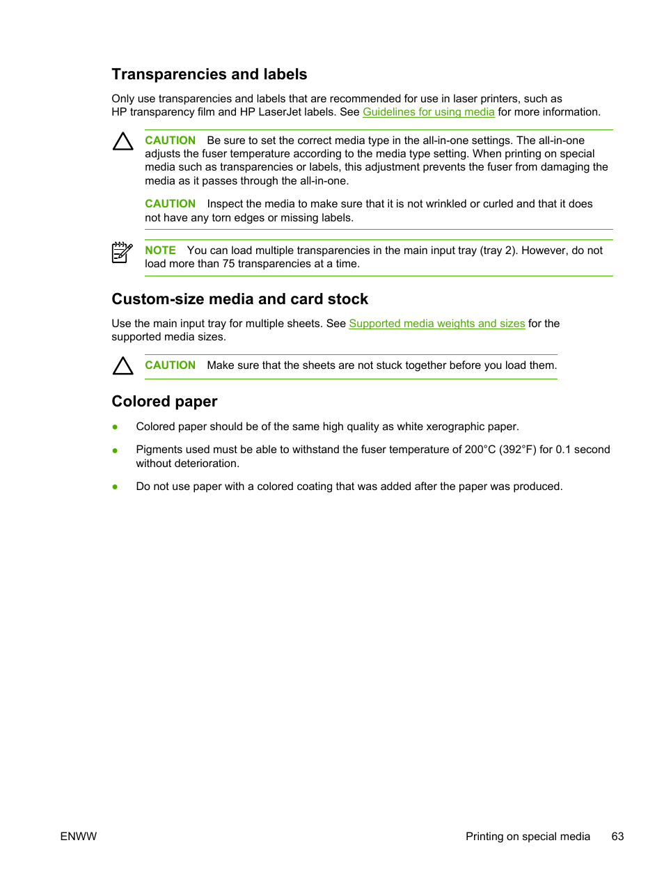 Transparencies and labels, Custom-size media and card stock, Colored paper | HP LaserJet 3055 User Manual | Page 81 / 430