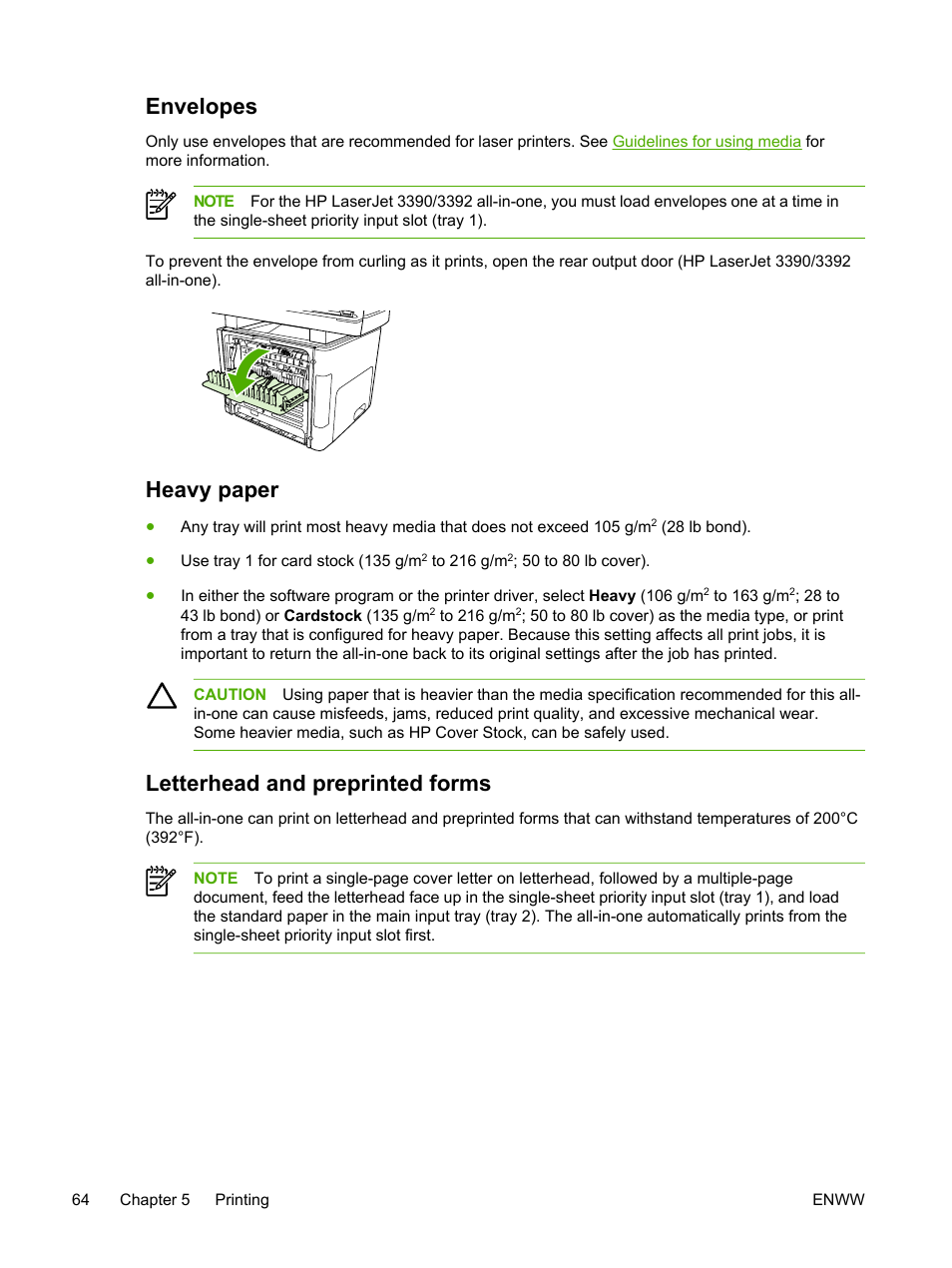 Envelopes, Heavy paper, Letterhead and preprinted forms | HP LaserJet 3055 User Manual | Page 82 / 430