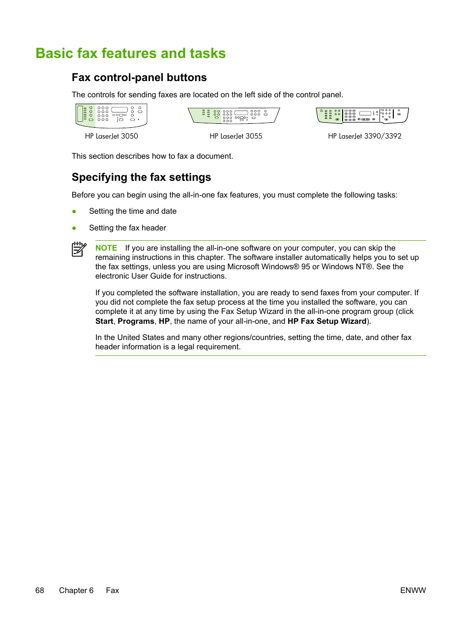 Basic fax features and tasks, Fax control-panel buttons, Specifying the fax settings | HP LaserJet 3055 User Manual | Page 86 / 430