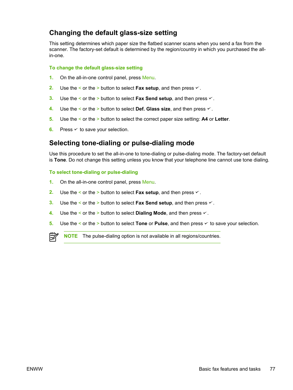 Changing the default glass-size setting, Selecting tone-dialing or pulse-dialing mode | HP LaserJet 3055 User Manual | Page 95 / 430