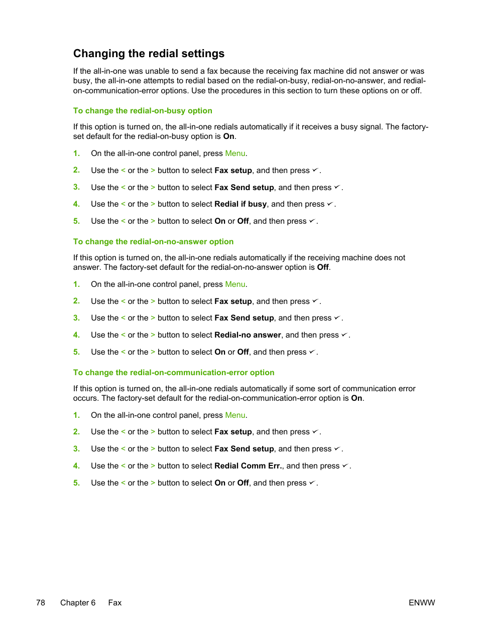 Changing the redial settings, Changing the redial, Settings | HP LaserJet 3055 User Manual | Page 96 / 430