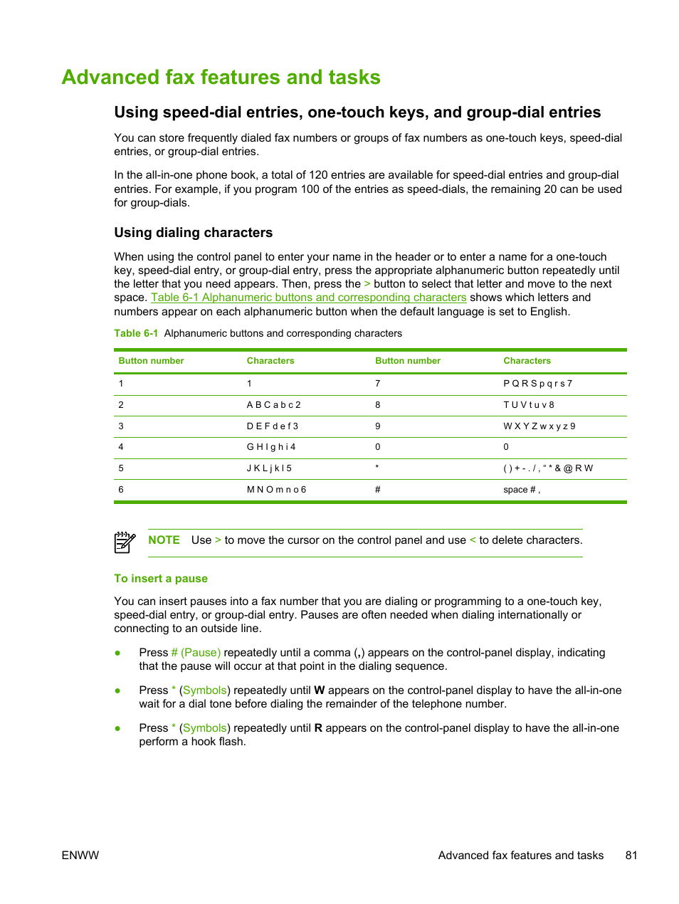 Advanced fax features and tasks, Using dialing characters, To insert a pause | HP LaserJet 3055 User Manual | Page 99 / 430