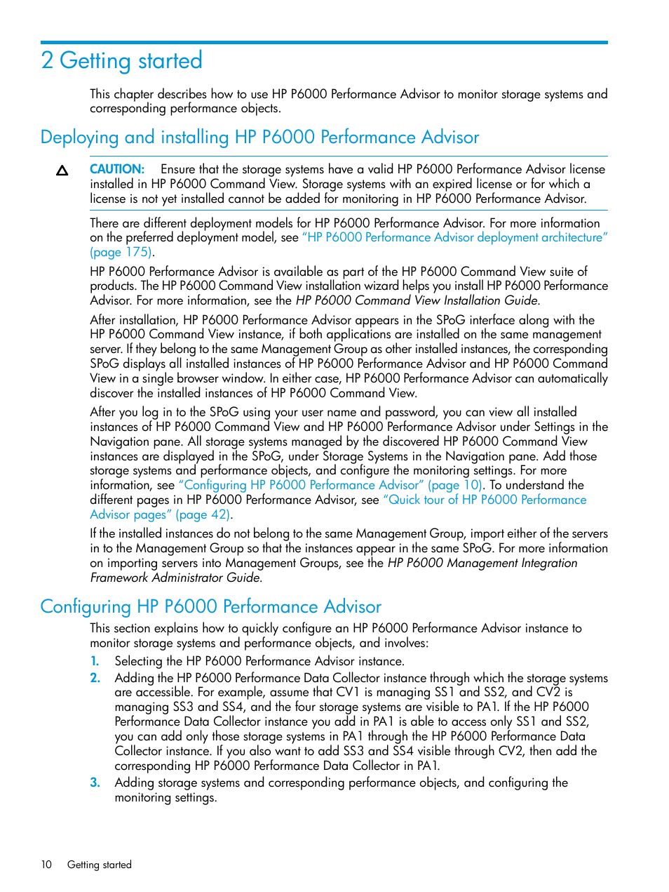 2 getting started, Configuring hp p6000 performance advisor | HP P6000 Performance Advisor Software User Manual | Page 10 / 186
