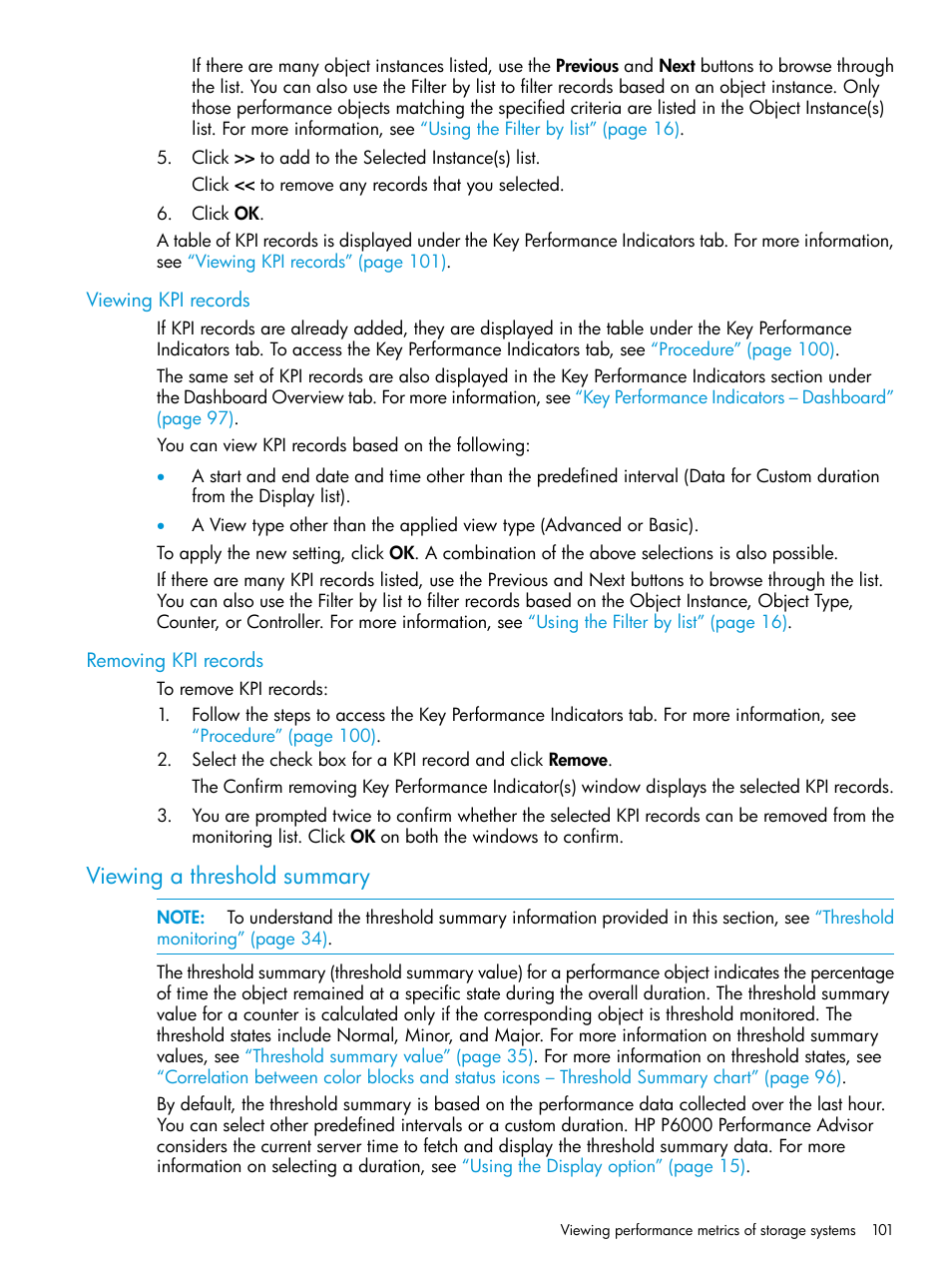 Viewing kpi records, Removing kpi records, Viewing a threshold summary | Viewing kpi records removing kpi records | HP P6000 Performance Advisor Software User Manual | Page 101 / 186