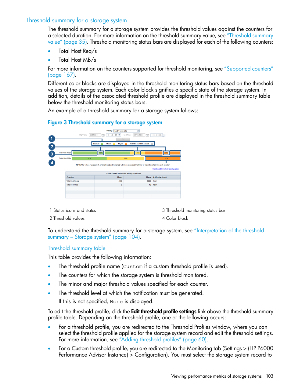 Threshold summary for a storage system, Threshold summary table, Threshold summary for a storage | HP P6000 Performance Advisor Software User Manual | Page 103 / 186