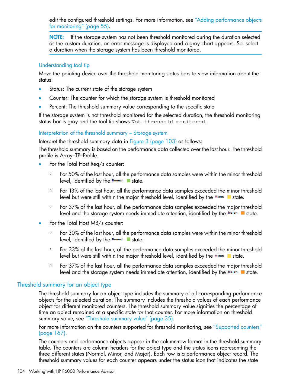 Understanding tool tip, Threshold summary for an object type, Threshold summary for | Interpretation of the threshold | HP P6000 Performance Advisor Software User Manual | Page 104 / 186