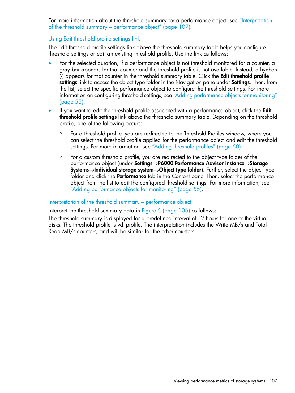 Using edit threshold profile settings link | HP P6000 Performance Advisor Software User Manual | Page 107 / 186