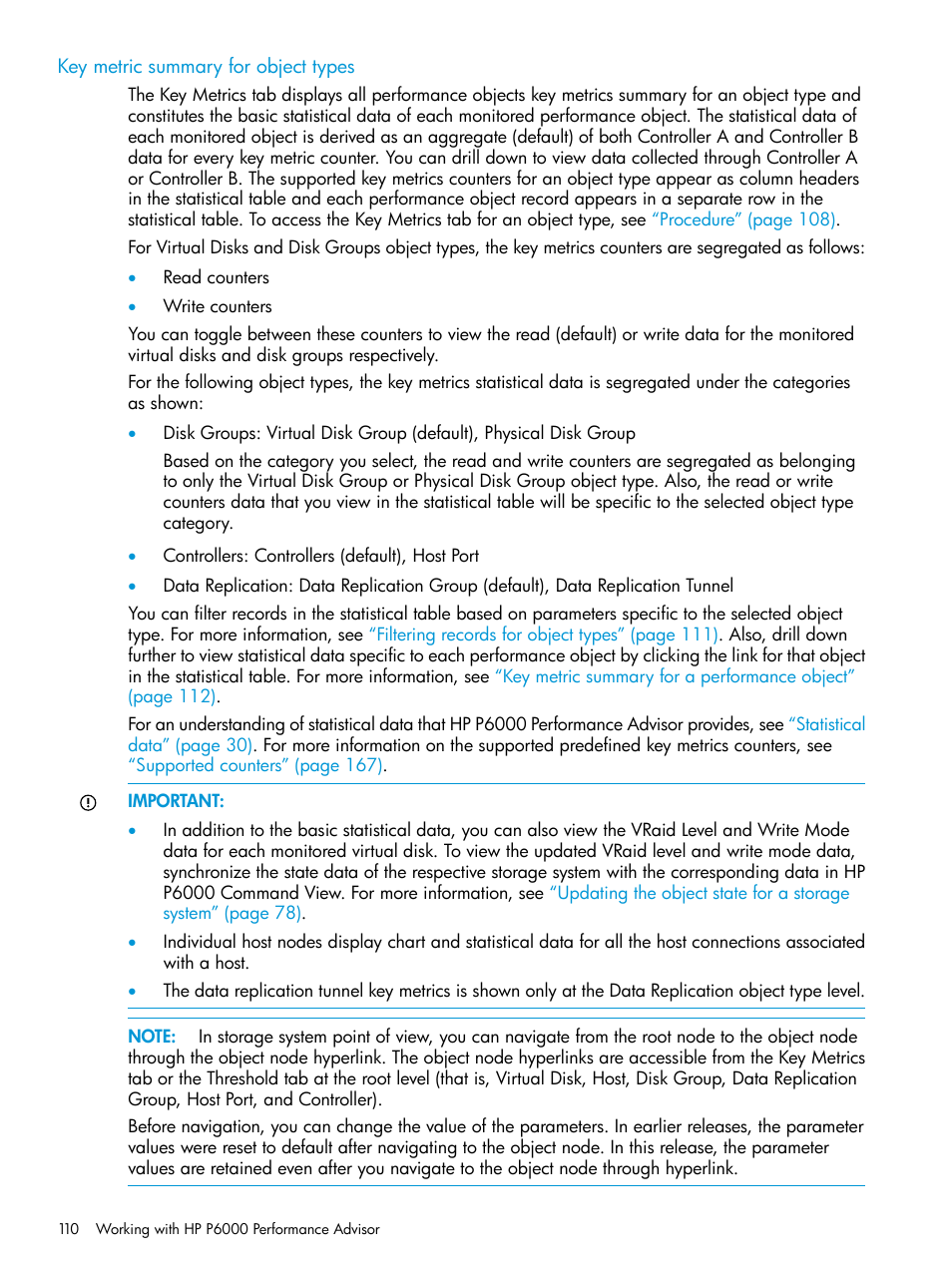 Key metric summary for object types, Key metric summary for object | HP P6000 Performance Advisor Software User Manual | Page 110 / 186