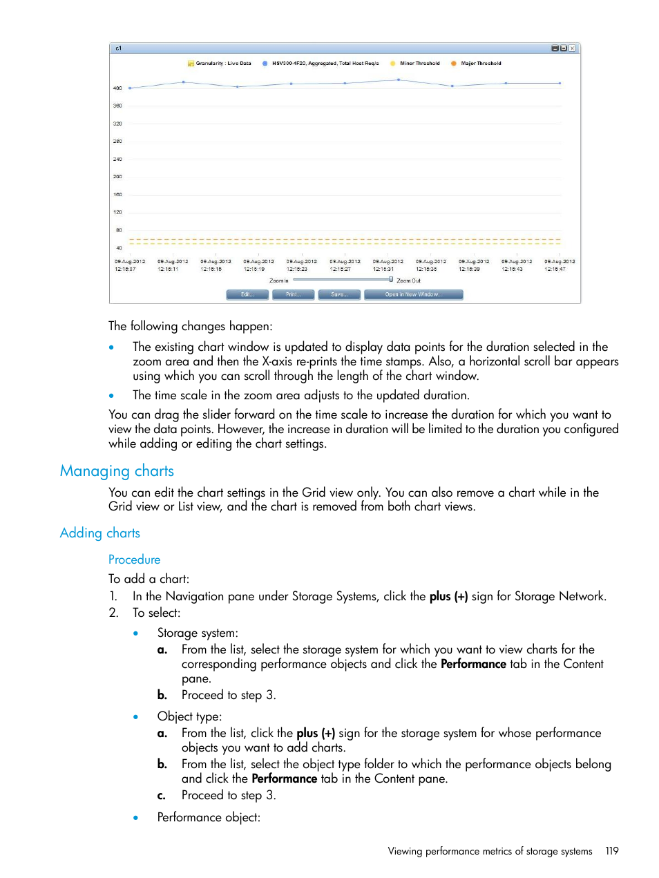 Managing charts, Adding charts | HP P6000 Performance Advisor Software User Manual | Page 119 / 186