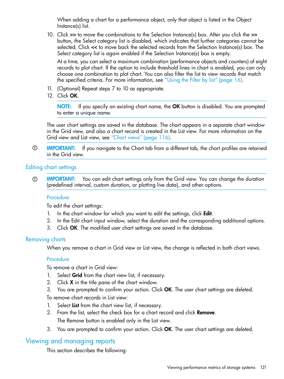 Editing chart settings, Removing charts, Viewing and managing reports | Editing chart settings removing charts, Editing | HP P6000 Performance Advisor Software User Manual | Page 121 / 186