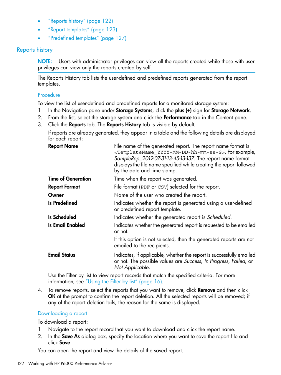 Reports history | HP P6000 Performance Advisor Software User Manual | Page 122 / 186