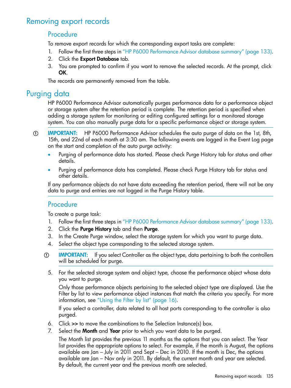 Removing export records, Purging data, Removing export records purging data | Procedure | HP P6000 Performance Advisor Software User Manual | Page 135 / 186