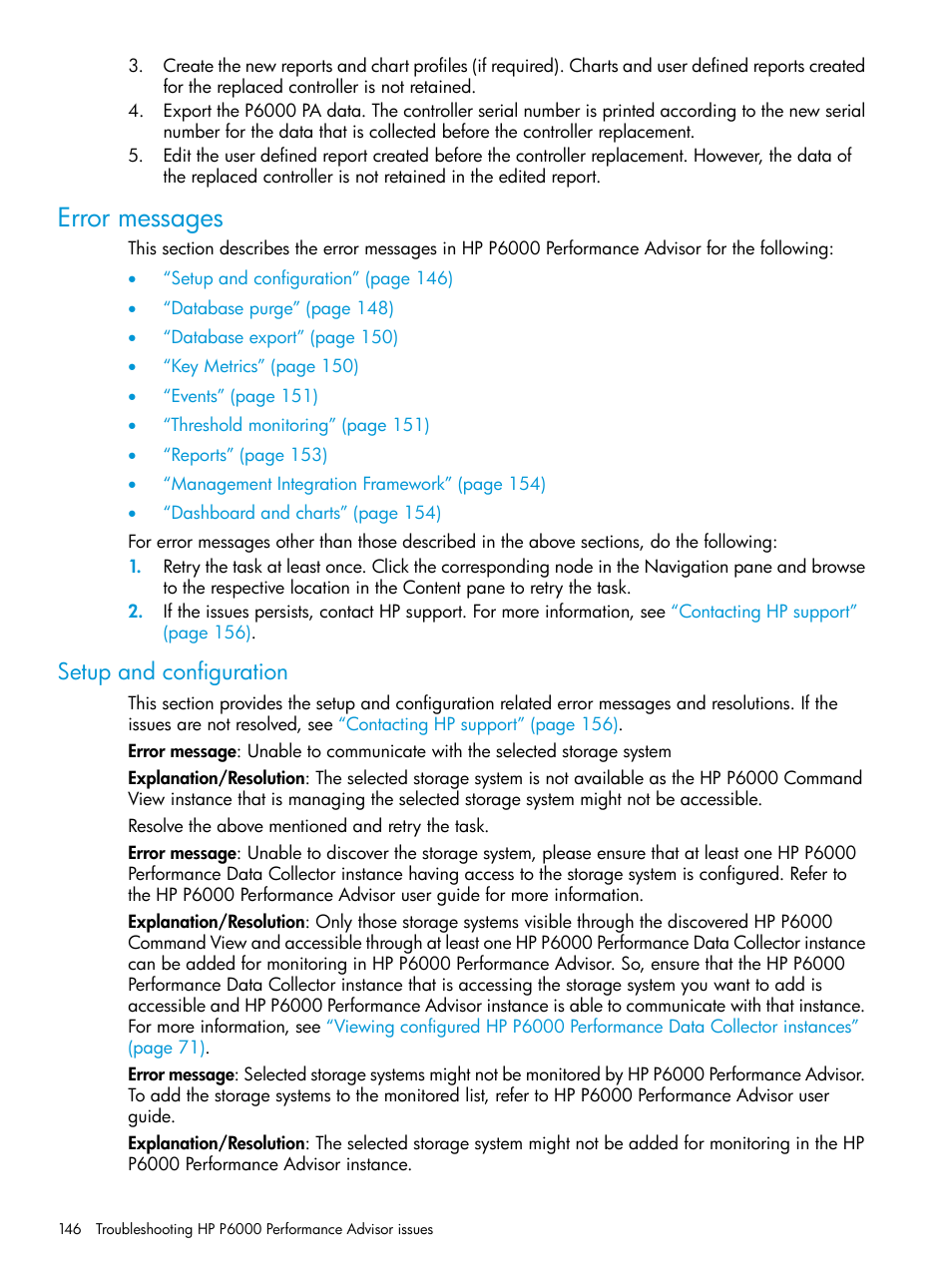 Error messages, Setup and configuration | HP P6000 Performance Advisor Software User Manual | Page 146 / 186