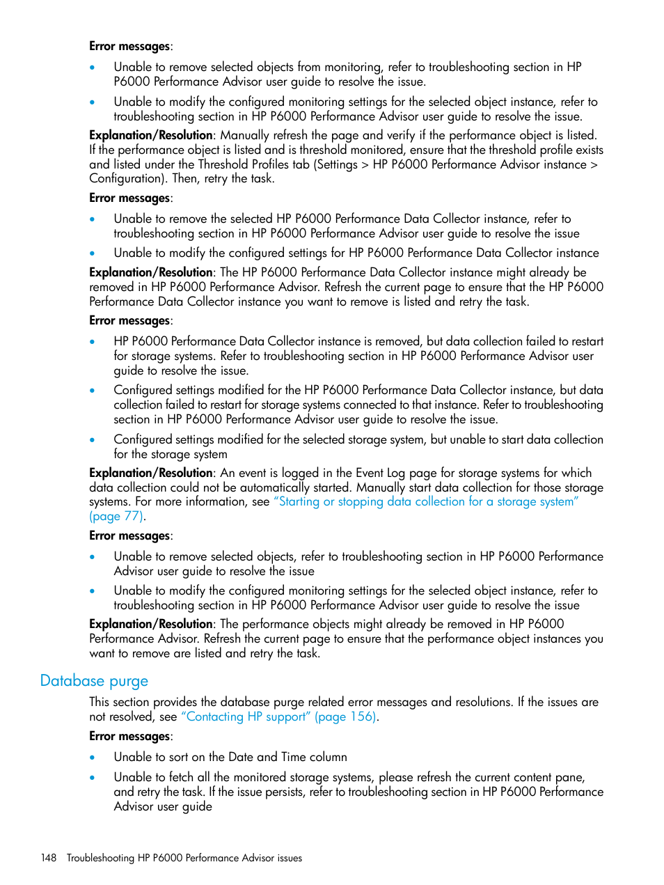 Database purge | HP P6000 Performance Advisor Software User Manual | Page 148 / 186