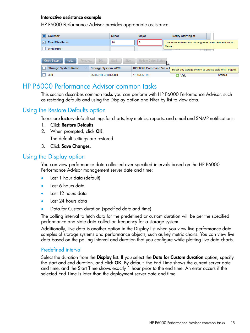 Hp p6000 performance advisor common tasks, Using the restore defaults option, Using the display option | HP P6000 Performance Advisor Software User Manual | Page 15 / 186