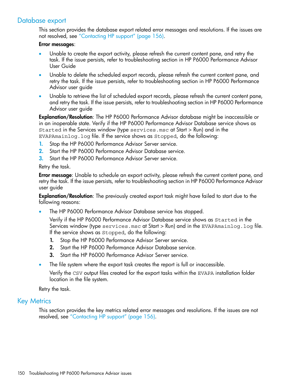 Database export, Key metrics, Database export key metrics | HP P6000 Performance Advisor Software User Manual | Page 150 / 186