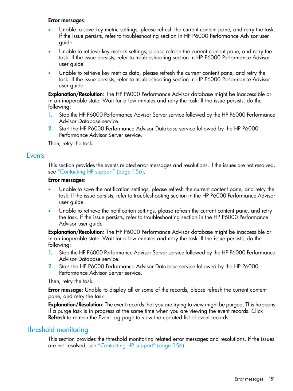 Events, Threshold monitoring, Events threshold monitoring | HP P6000 Performance Advisor Software User Manual | Page 151 / 186