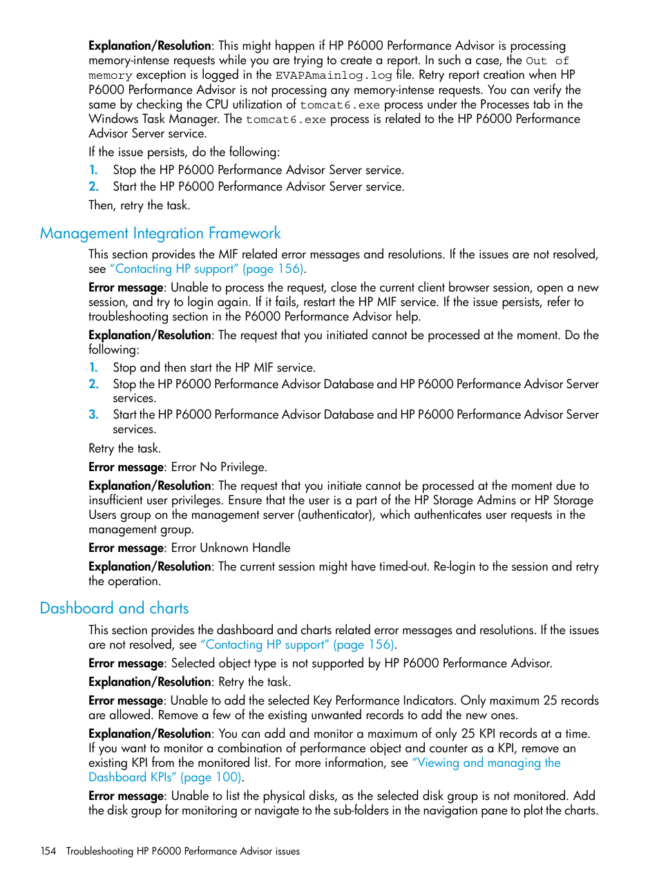 Management integration framework, Dashboard and charts | HP P6000 Performance Advisor Software User Manual | Page 154 / 186