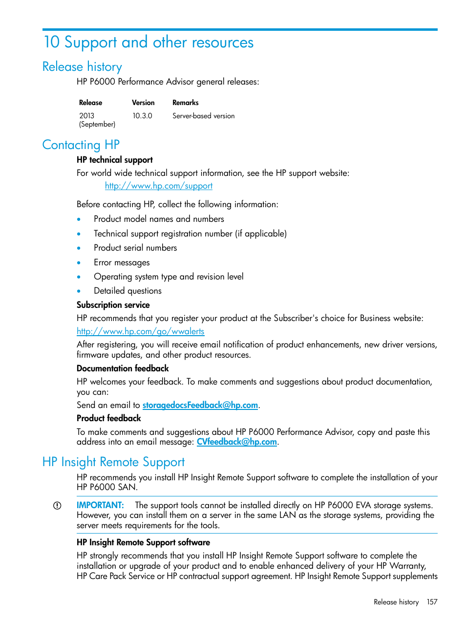 10 support and other resources, Release history, Contacting hp | Hp insight remote support | HP P6000 Performance Advisor Software User Manual | Page 157 / 186