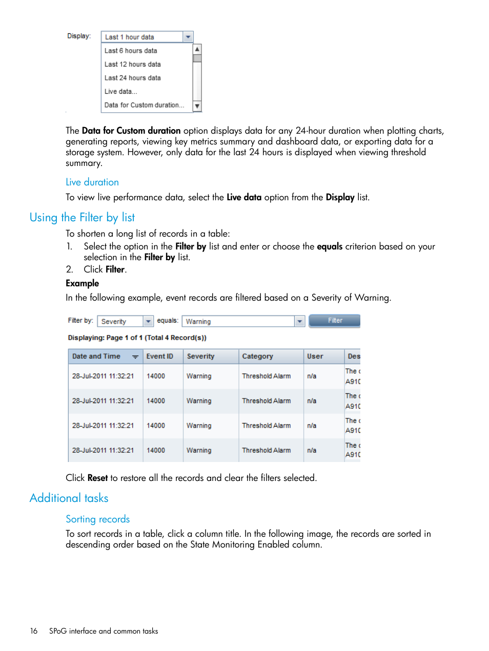 Using the filter by list, Additional tasks, Using the filter by list additional tasks | HP P6000 Performance Advisor Software User Manual | Page 16 / 186