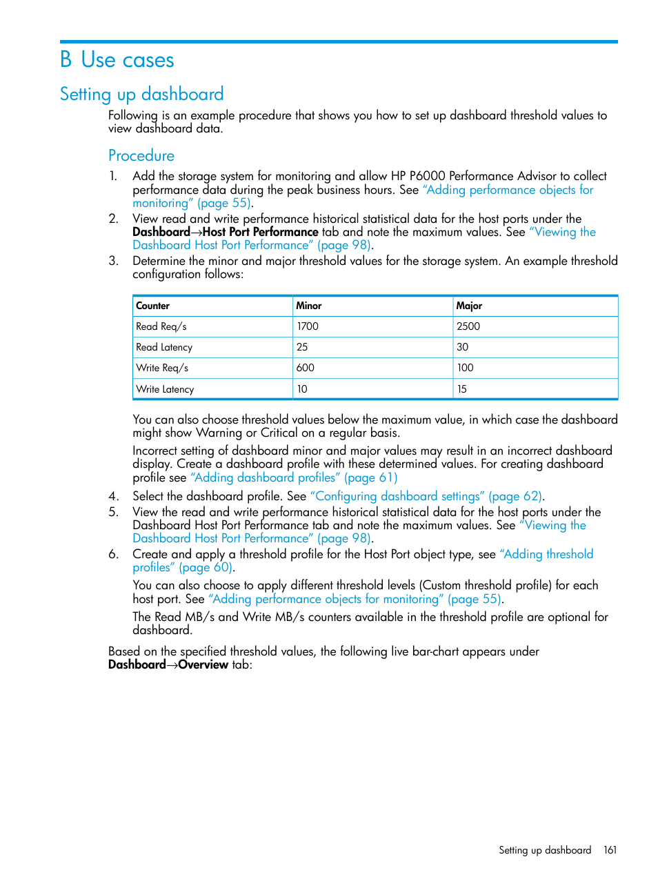 B use cases, Setting up dashboard, Procedure | HP P6000 Performance Advisor Software User Manual | Page 161 / 186